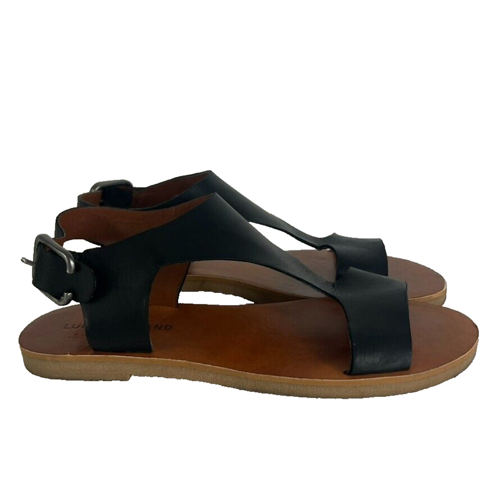 Lucky Brand Sandals Womens 8.5 Devyn Black Leather Upper Adjustable Ankle Strap
